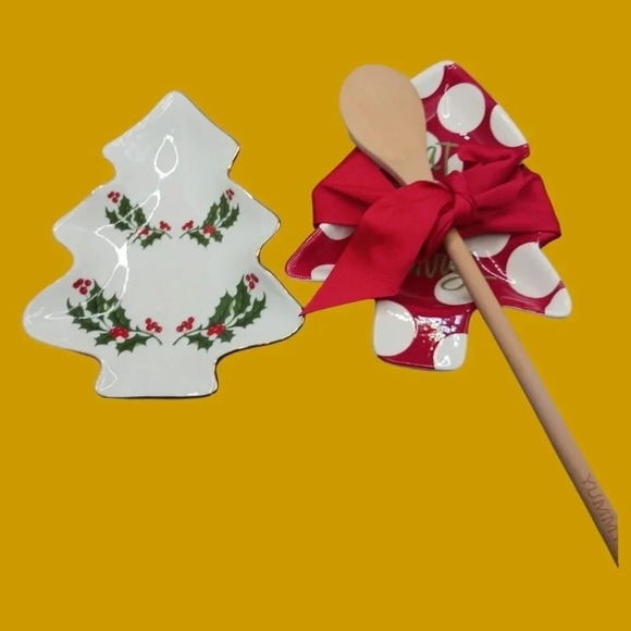 Stacy claire& christmas holy 2 spoon rest with wooden spoon red & wht - Picture 3 of 10